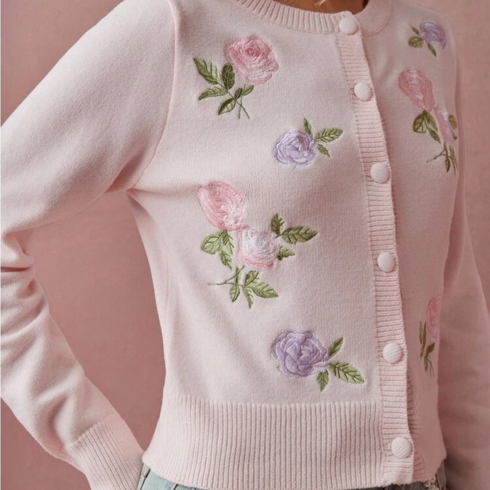 Floral Embroidered Pink Cardigan Sweater